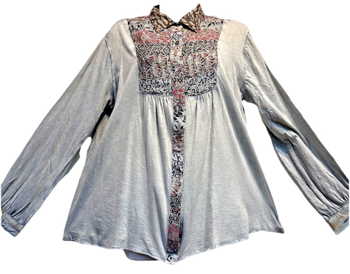 Nwt FUNKY STUFF patch gray boho embroidery knit cotton BLOUSE TOP XL Free shipp