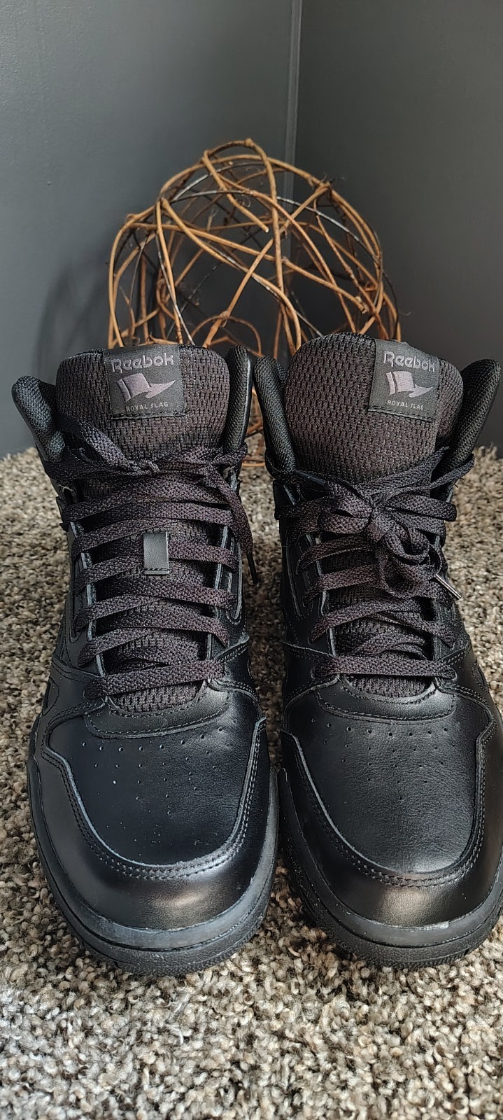 Reebok Royal Flag Mens Mid Top Basketball Sneakers All Black Leather Shoes