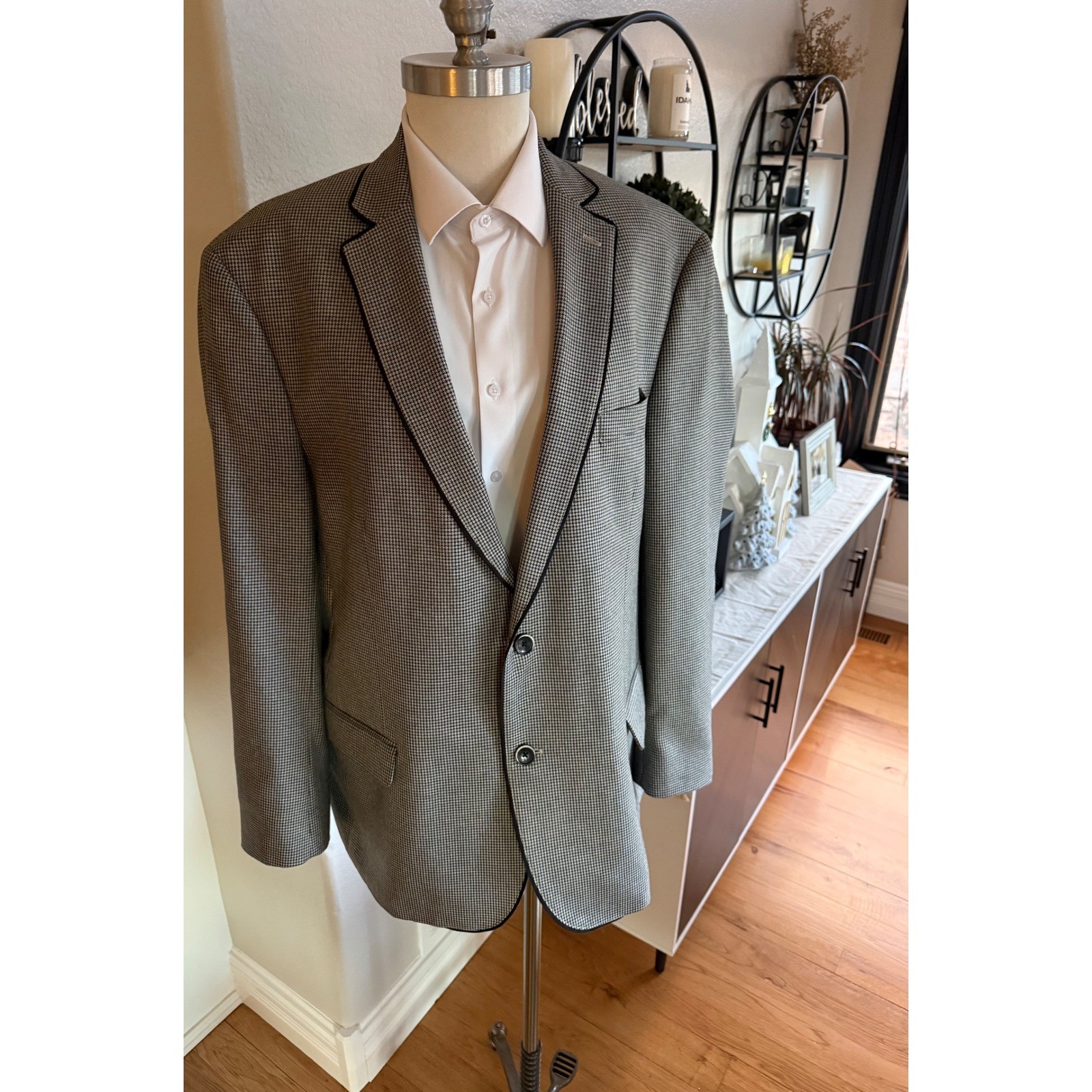 TALLIA Est 1893 Mens Houndstooth Blazer Jacket Black Gray Paisley Lined Mens XL