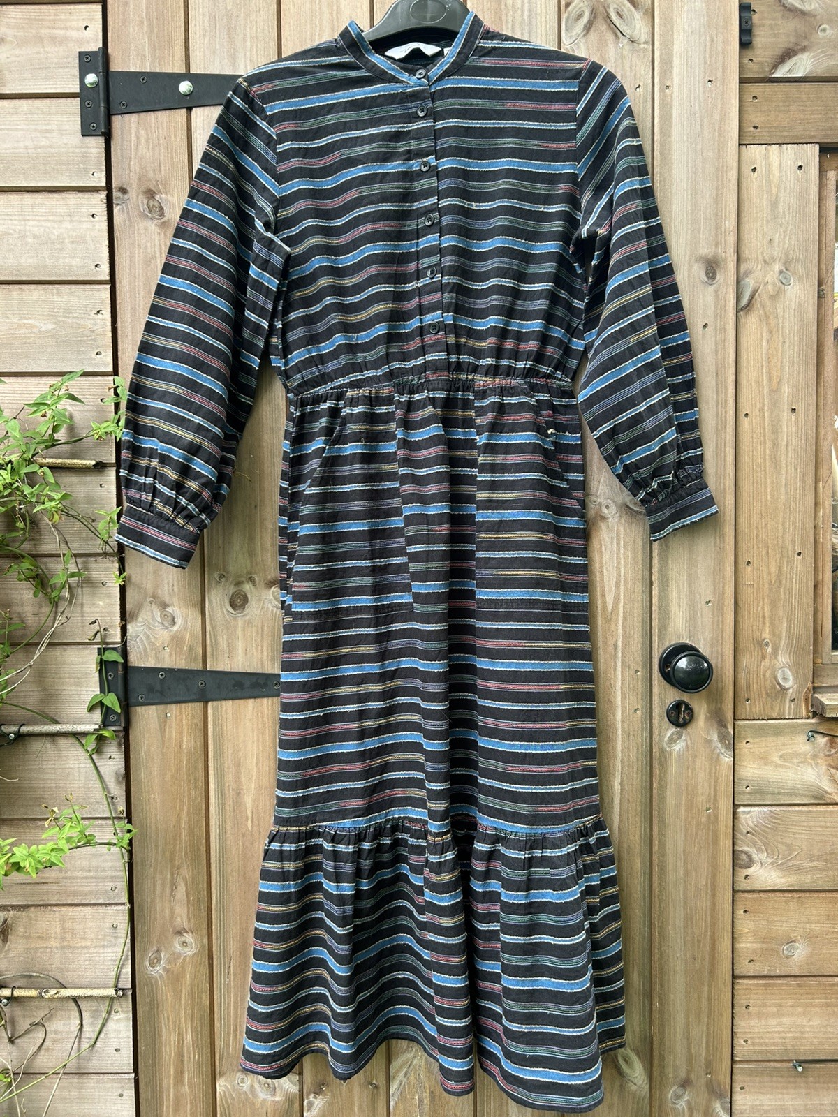 & Other Stories navy blue woven stripe peasant prairie cotton dress size 10