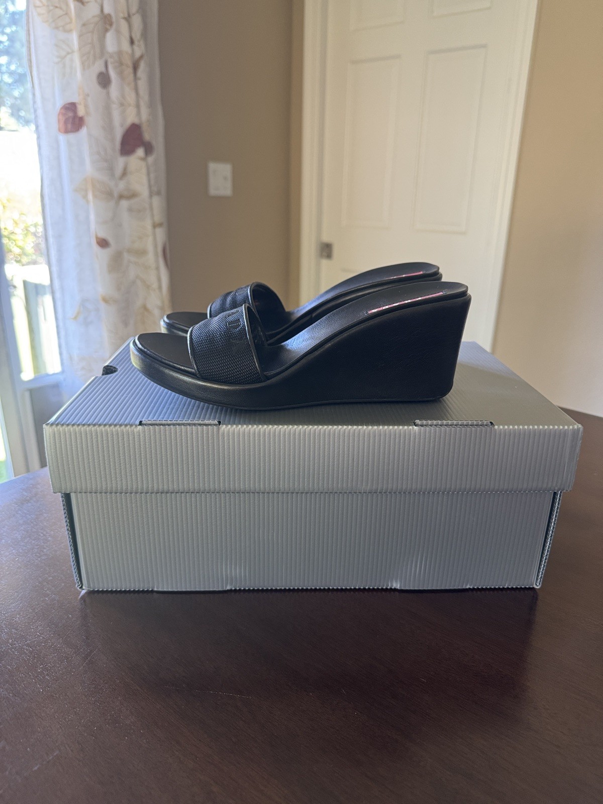 NEW AUTHENTIC PRADA BLACK SLIDE WEDGE HEELS WITH BOX SIZE 6 36 RETAIL $400