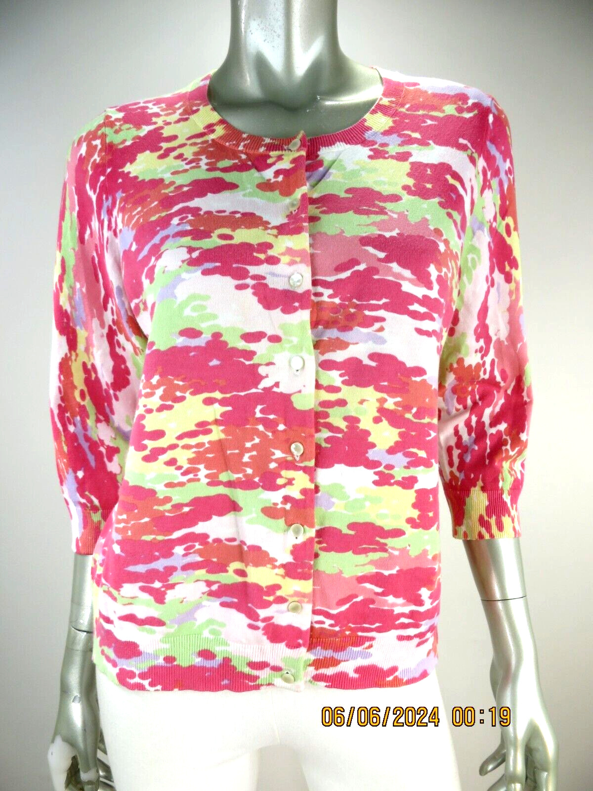 TALBOTS PETITES SZ M/P Cotton/Nylon/Span Pink Green White Light Cardigan Sweater
