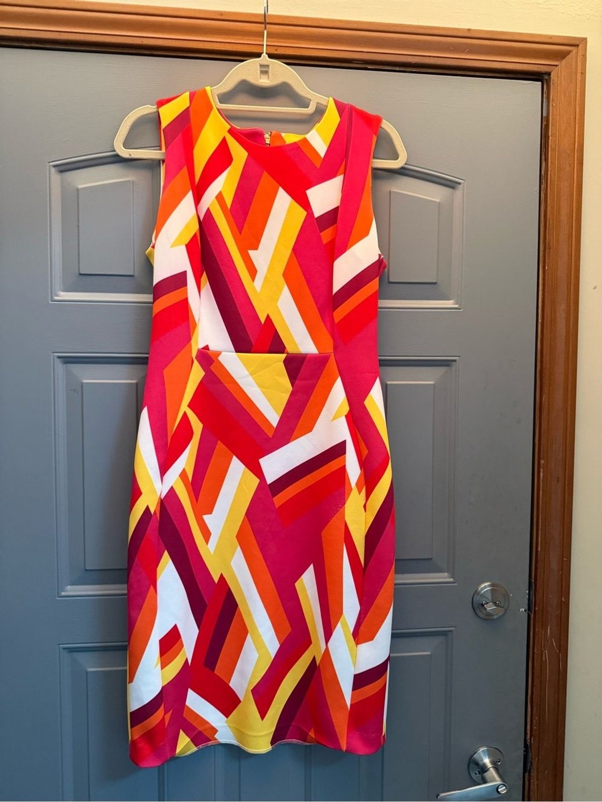 CalvinKlein geometric abstract sleeveless scuba dress (10) orange/yellow/red/wh