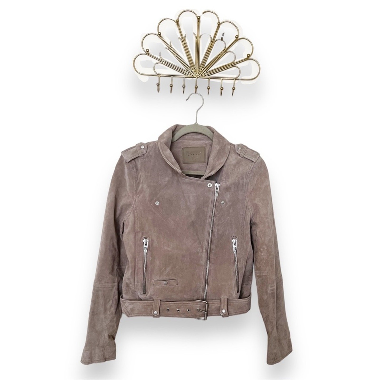 BLANKNYC Suede Moto Jacket Taupe Leather Biker Zip Belted Size Medium