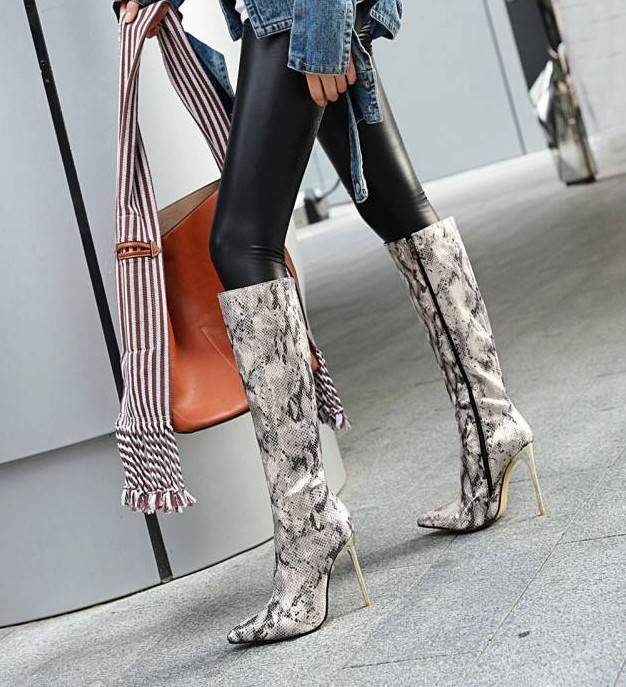 Plus Size Womens Pointy Toe Snake Pattern Stiletto Heels Knee High Boots Fashion