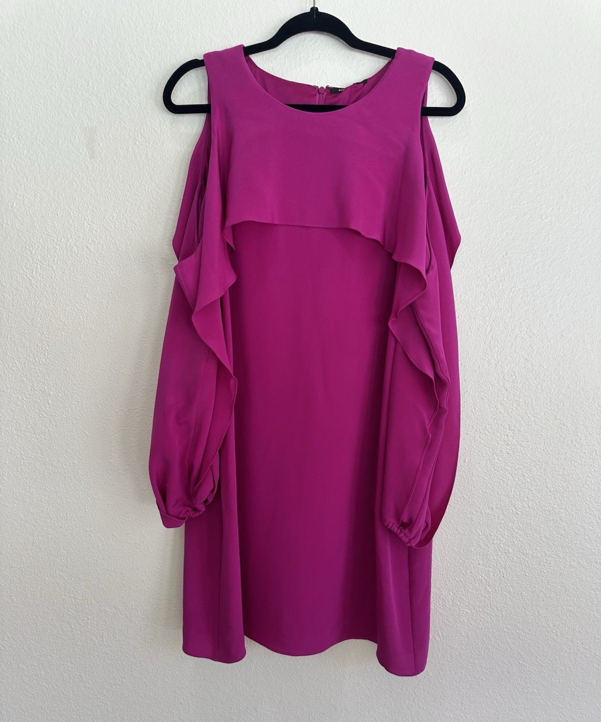 NWT Kobi Halperin Raina Pink Cold Shoulder Ruffle 100% Silk Shift Knee Dress L