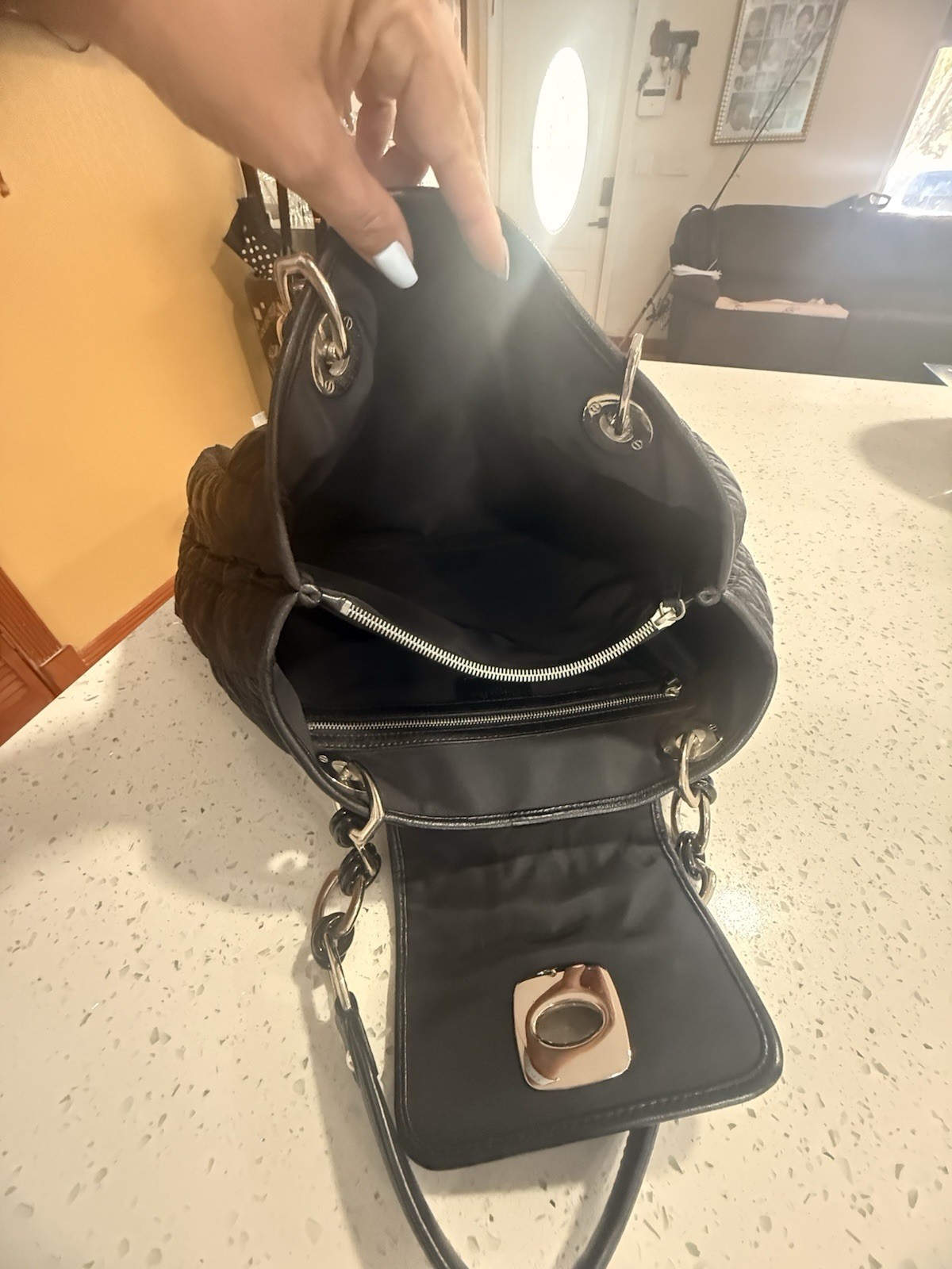 Christian Dior Black Quilted Shoulder Bag Turn Lock Zip Silver Hardware Medium