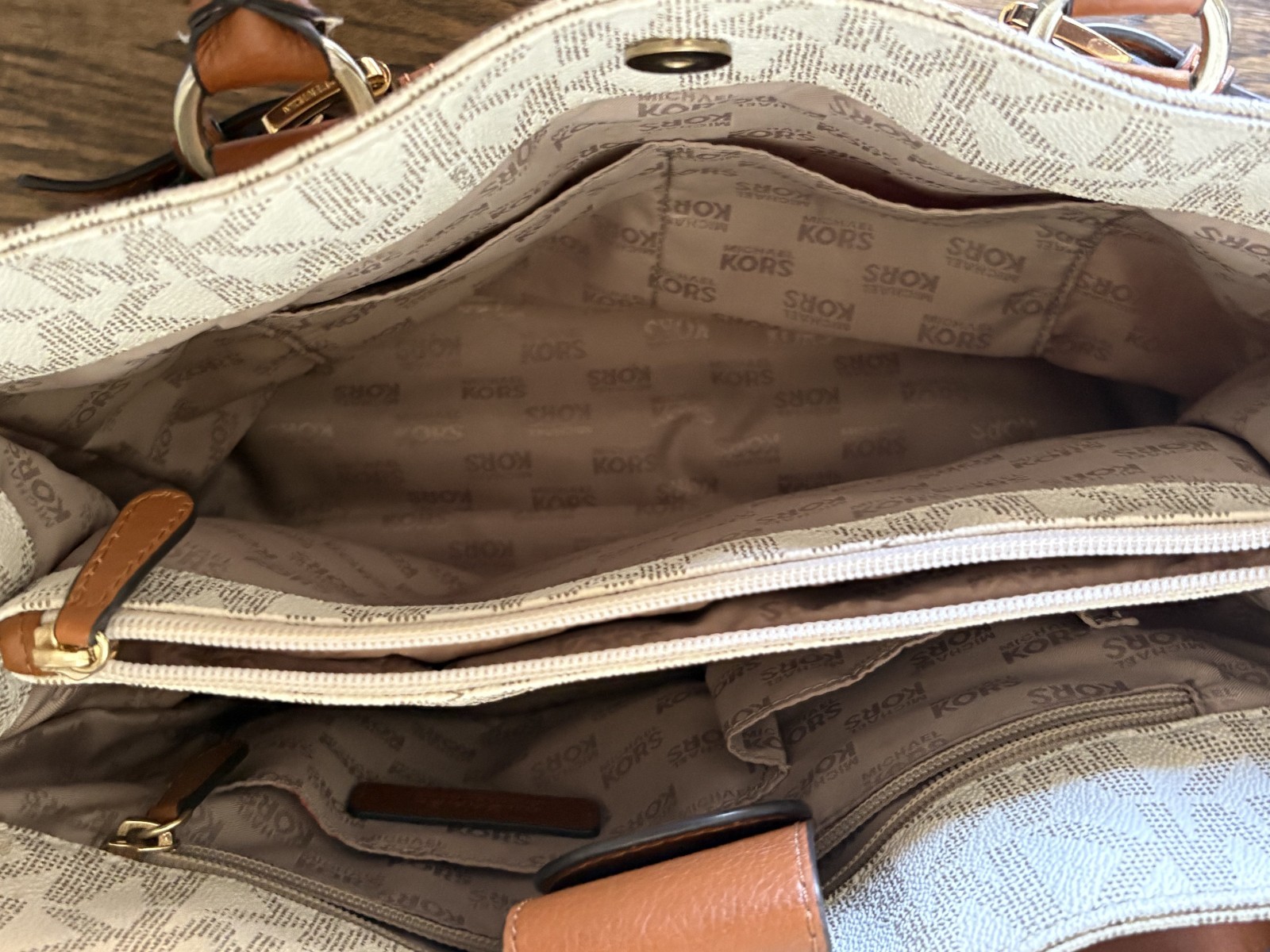 Michael Kors Cream Monogram Satchel Top Handle with Strap Excellent Condition!