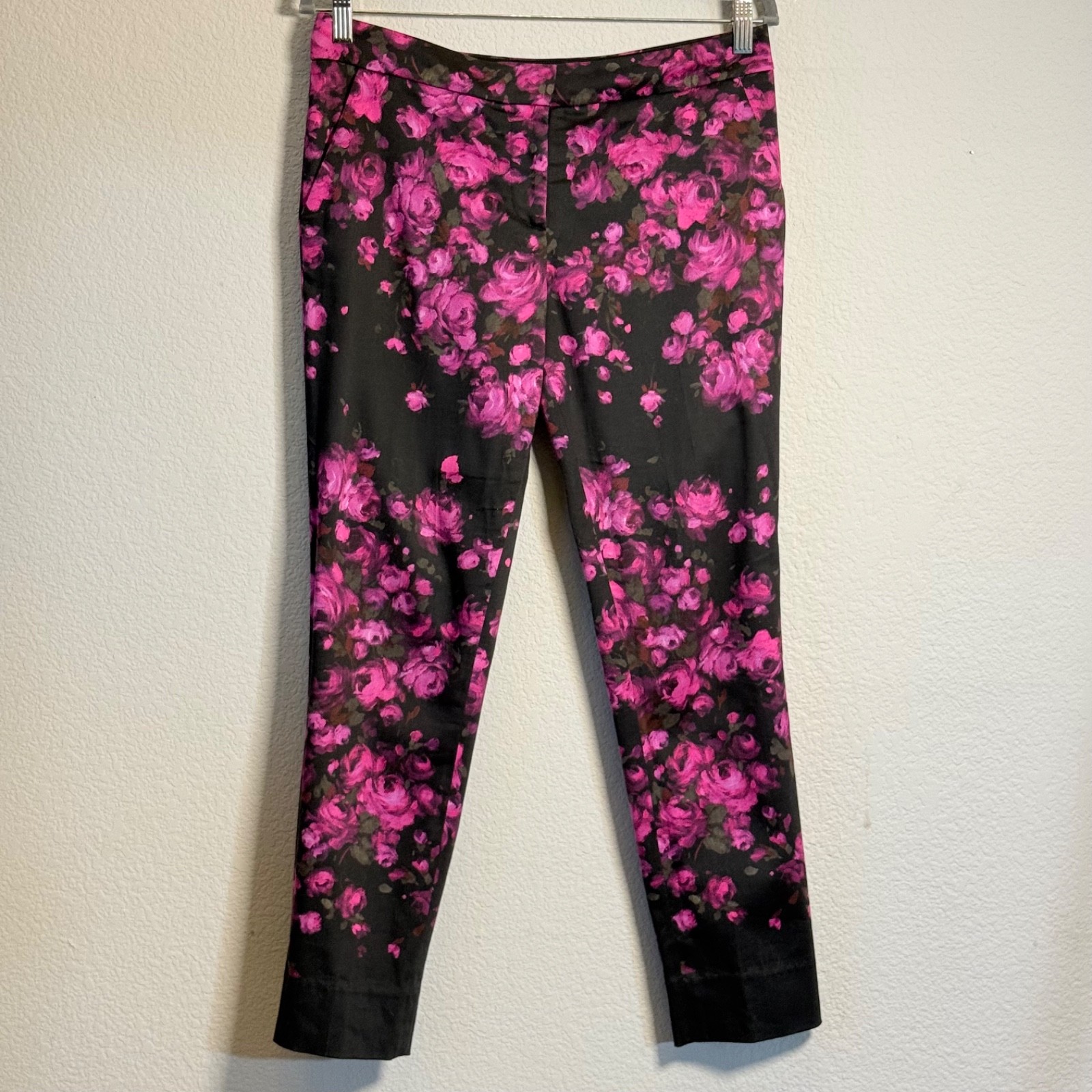Lela Rose Floral Cigarette Ankle Pants Womens 4 Cotton Stretch Pink Black