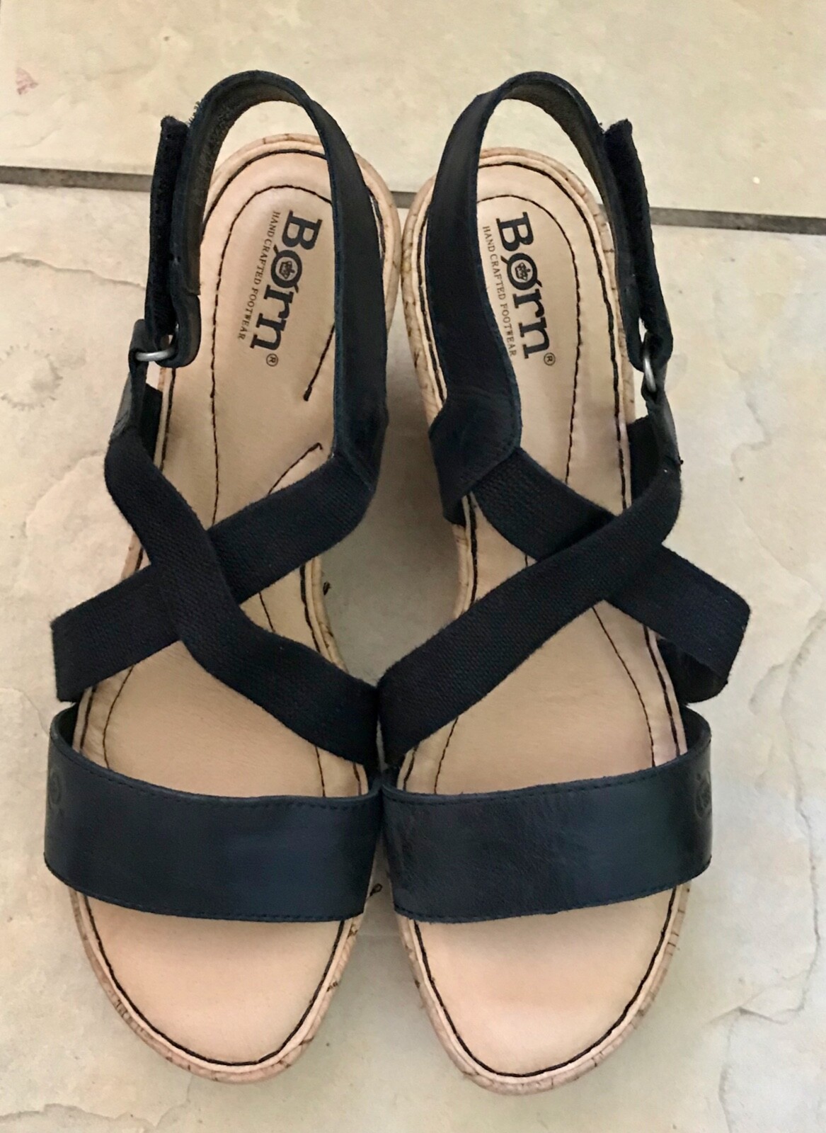 Women Sandals Slingback BORN Cork Wedge Platform Shoes Black Size 9M Excellent