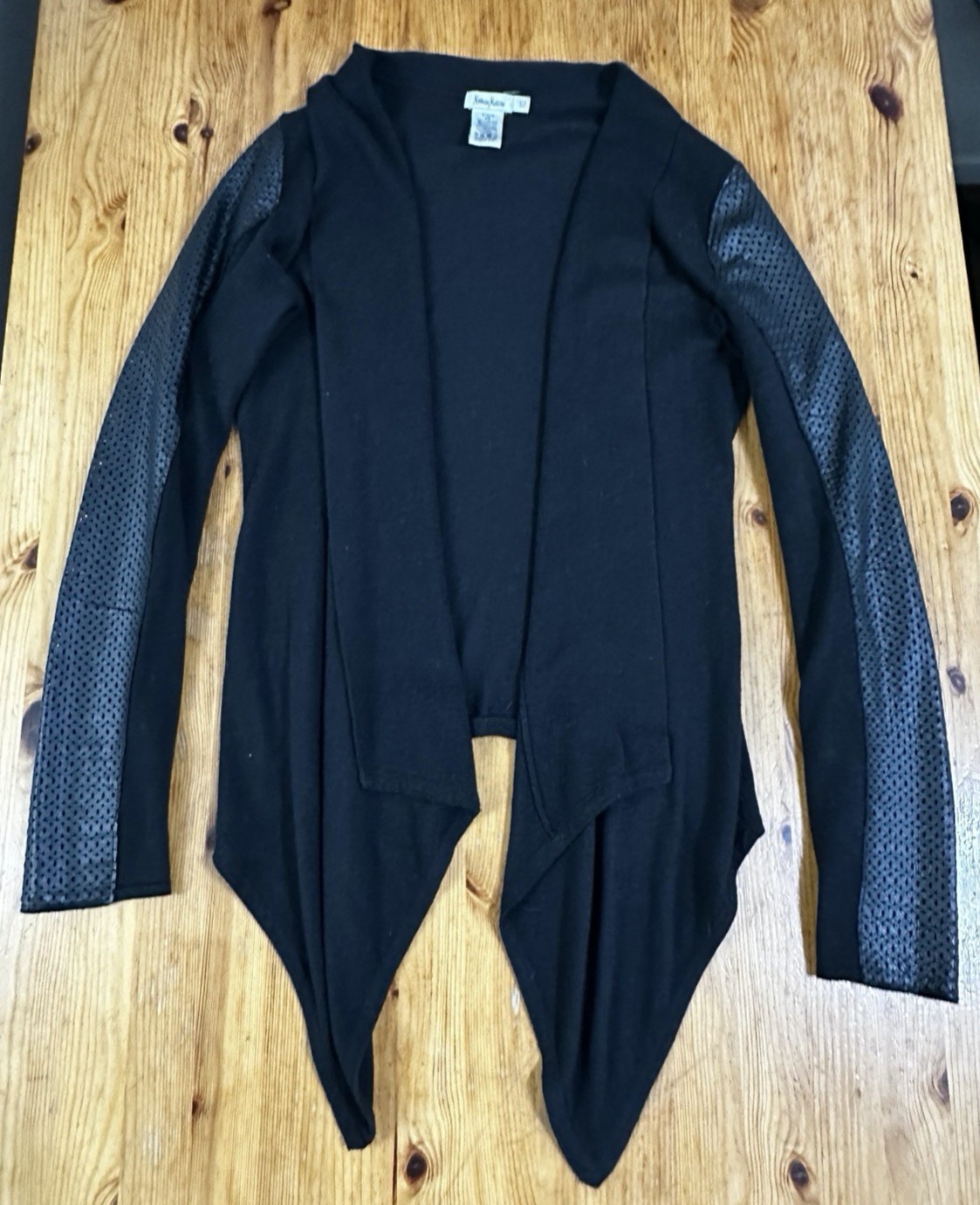 Neiman Маrсus Cardigan Black Open Leather Sleeve Angora Cashmere Luxury size XS