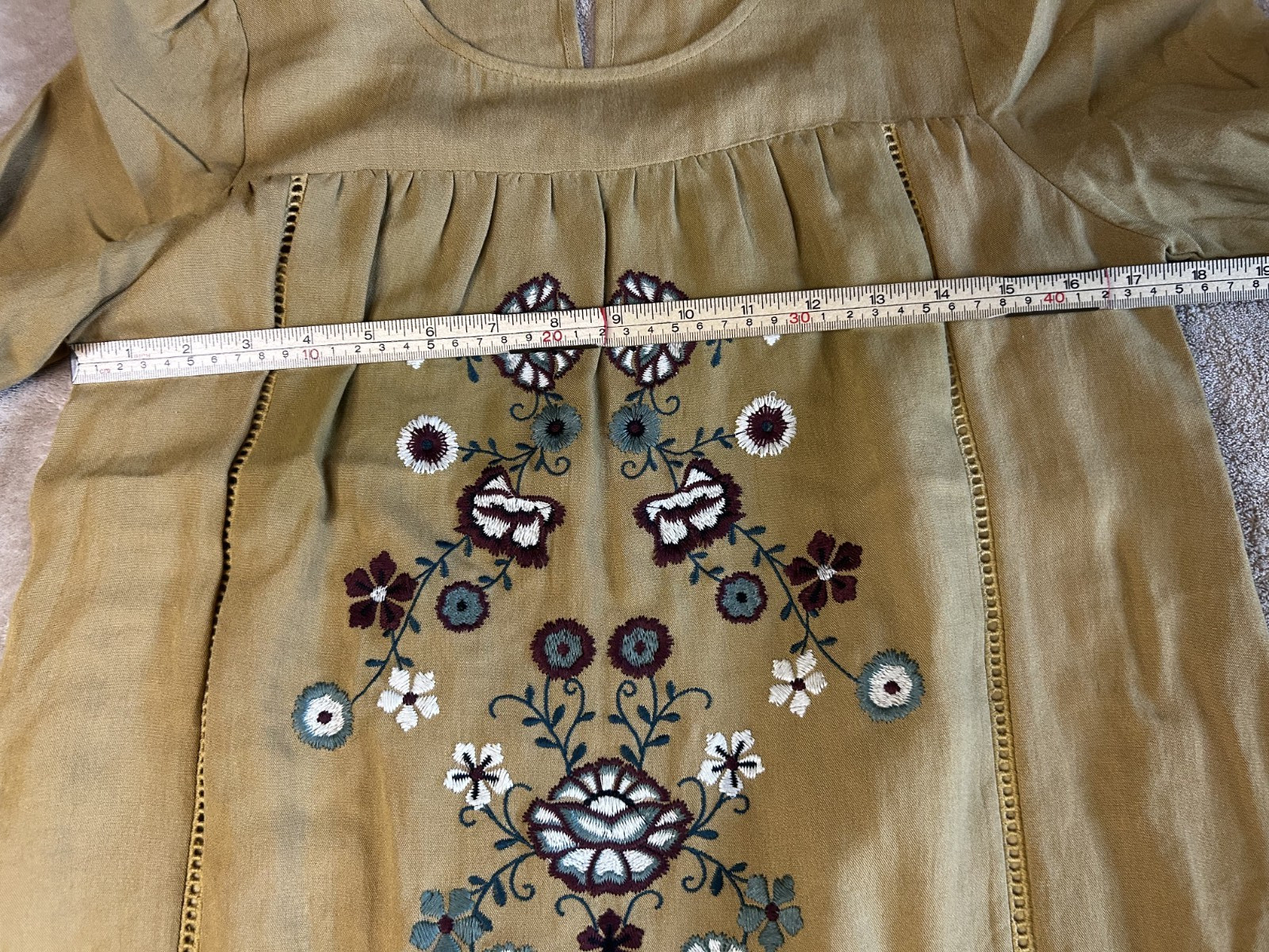 B10. Ashley LeMieux Mustard Yellow Tunic Bell Sleeves Floral Embroidery Size Med