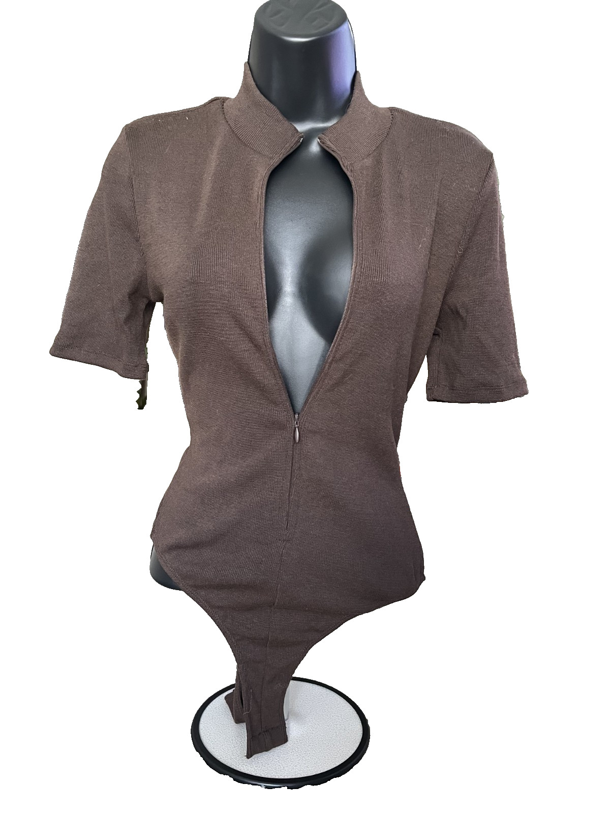 Women’s Fashion Nova Medium Brown Full Zip Button Snap Bodysuit Short Sleeve