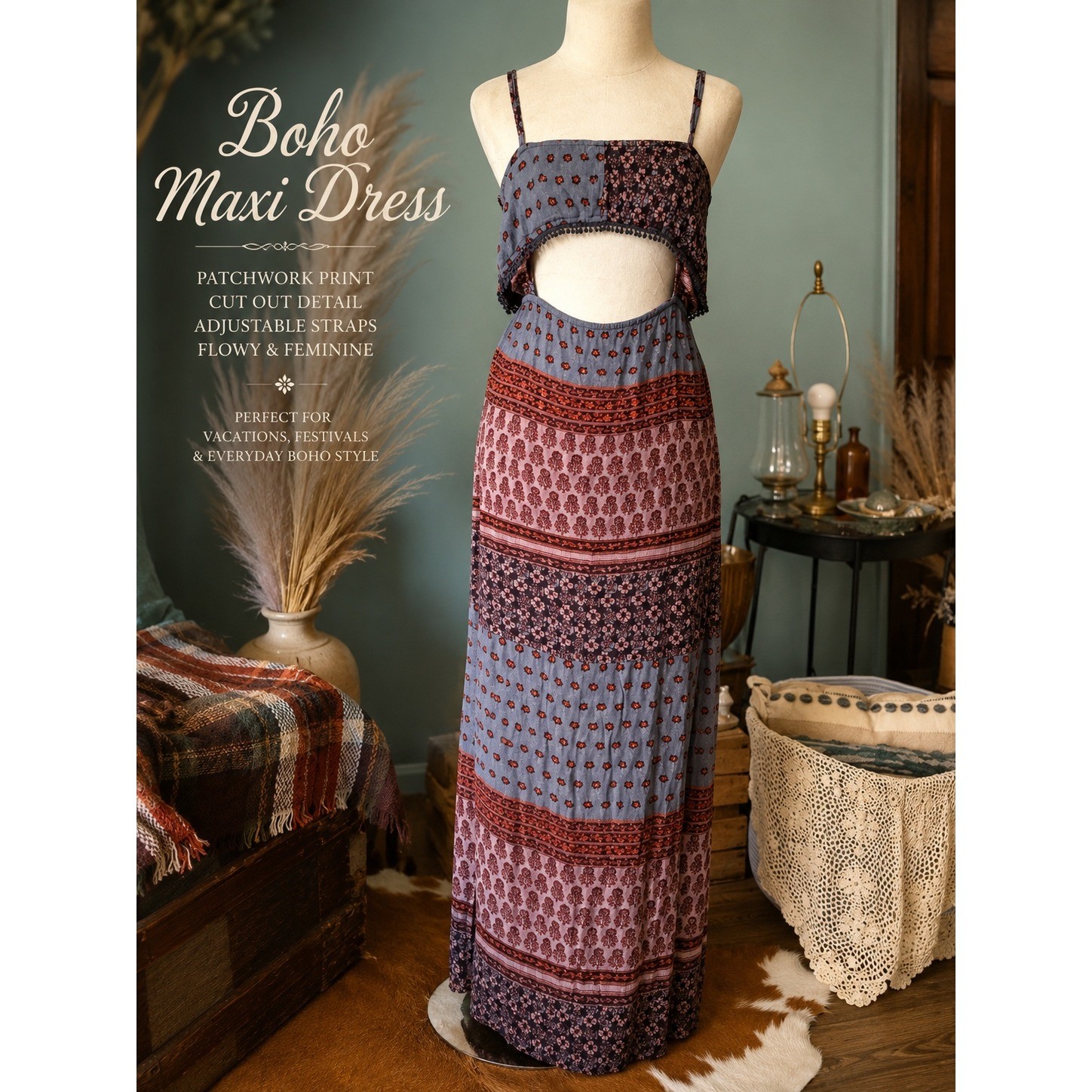 Boho Floral Pom Pom Trim Cutout Back Maxi Dress Purple M