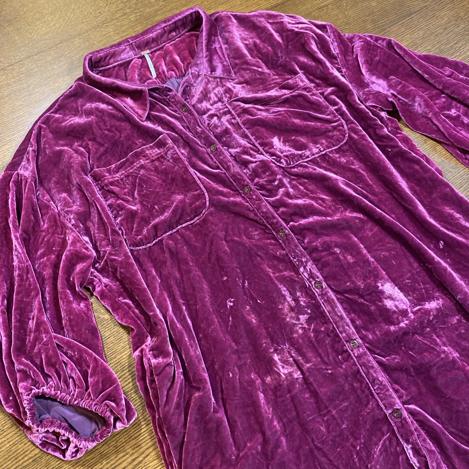 FREE PEOPLE Pink Red Lux Velvet Shirt Dress Oversized Boho Fairy Whimsigoth Sz L