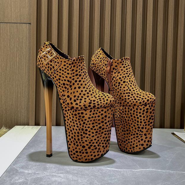 22CM High Stiletto Heel Leopard Print Ankle Boots Womens Metal Buckle Pumps Sexy