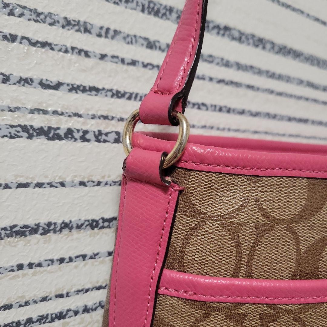 COACH Logo Pattern Shoulder Bag Beige Pink Synthetic Fiber Women’s Crossbody