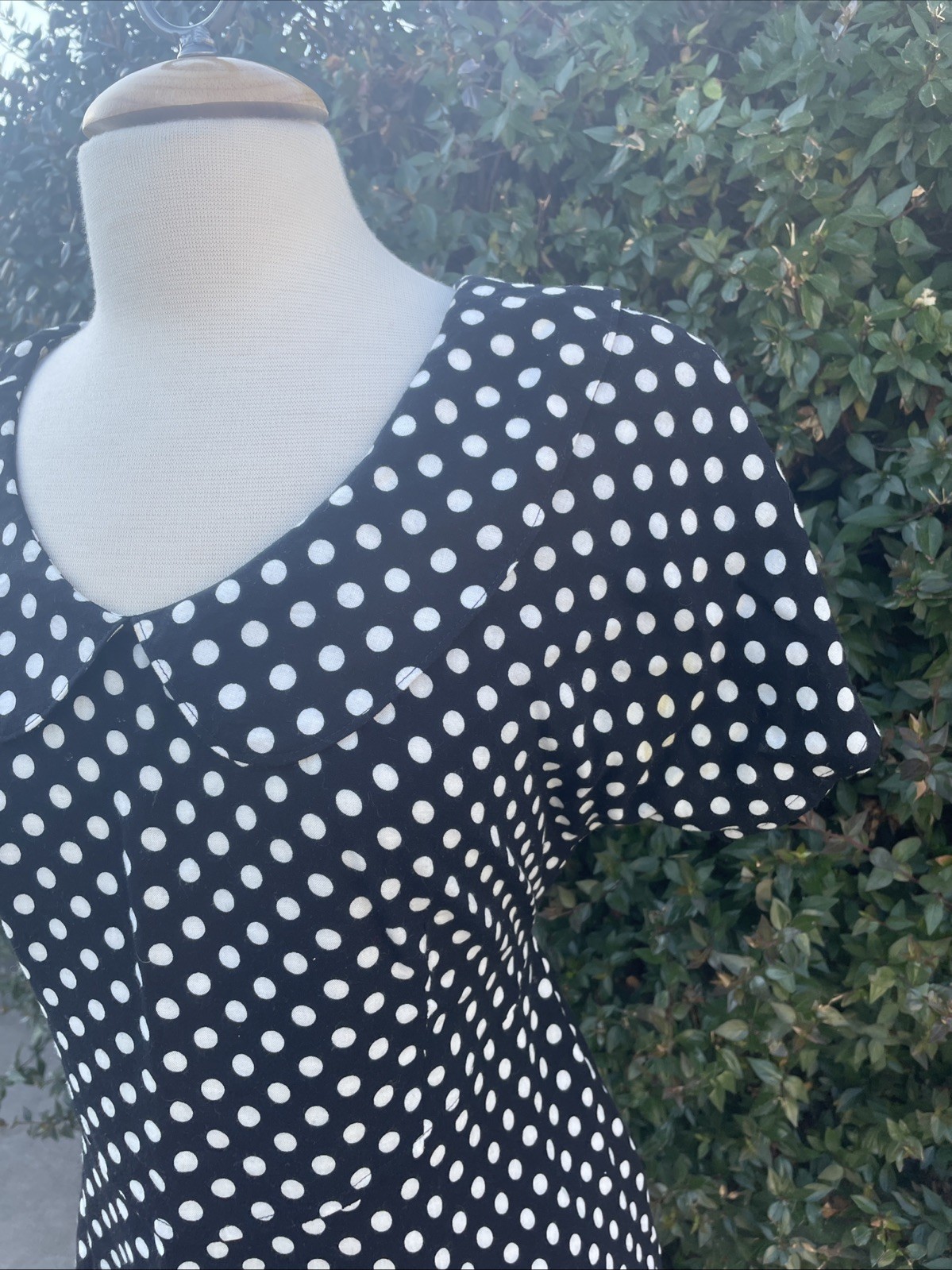 Vintage Polka Dot Mini Dress M Peter Pan Collar Rockabilly Empire Waist Black