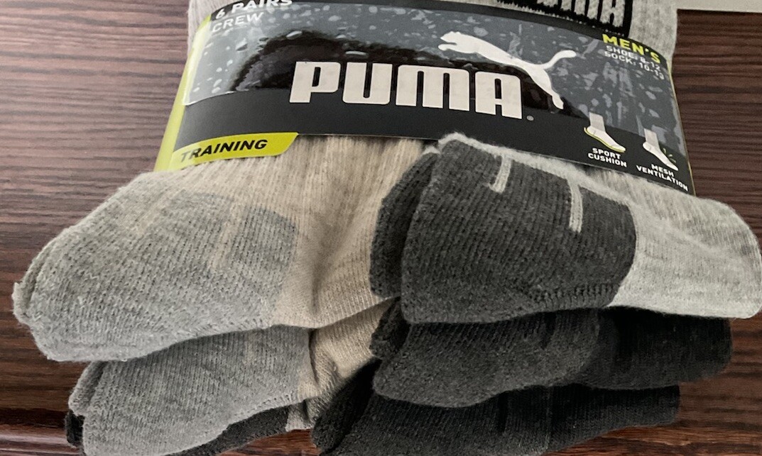 Men PUMA Cushioned Crew Mesh Vent. Socks 6 Pairs Size 8-12 Assorted w Logo New