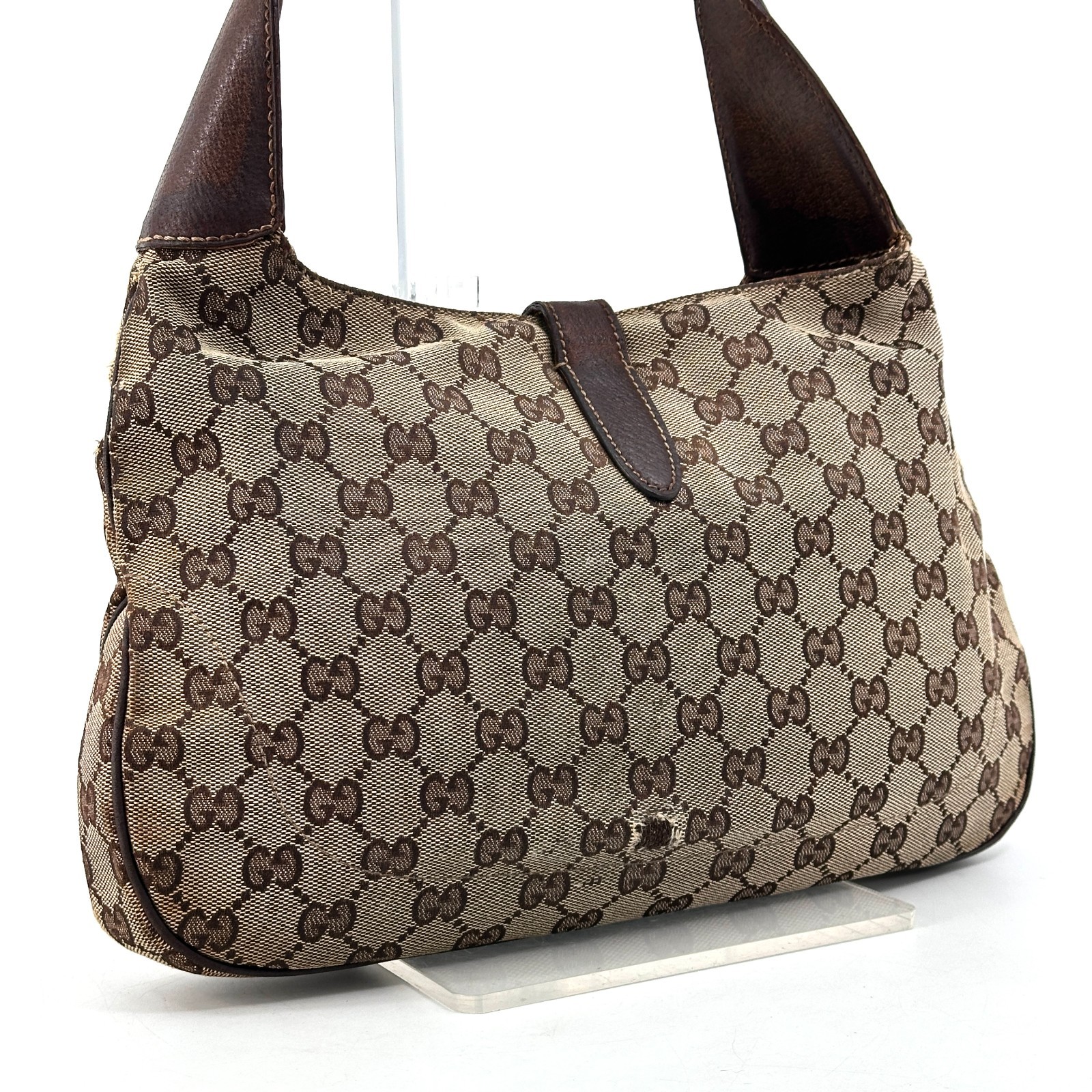 GUCCI Jackie GG Canvas Shoulder Hand Bag Black Leather 137335 Purse Authentic