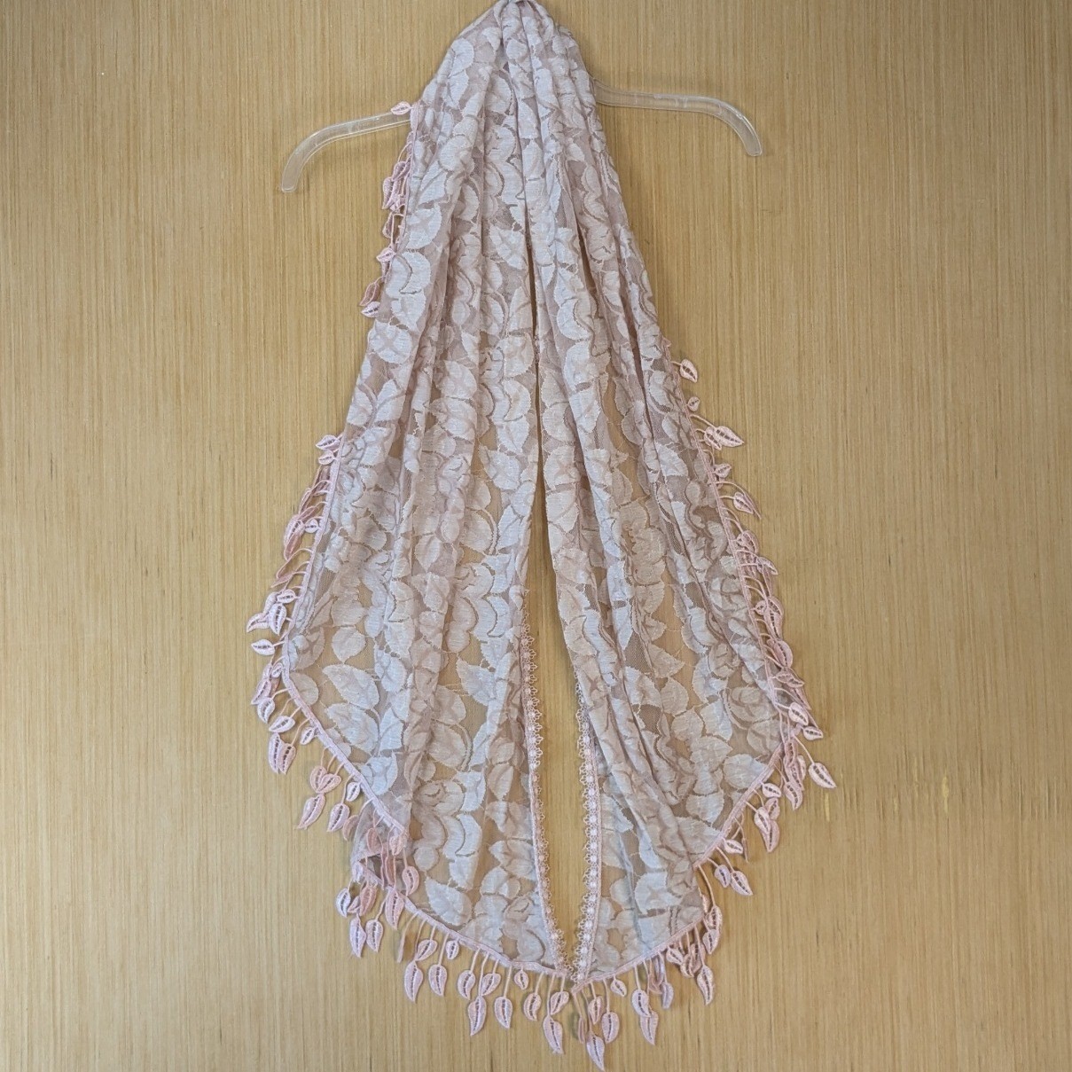 Womens Feminine Pink Floral Lace Scarf Leaf Tassel Fringe Cotton Blend Shawl