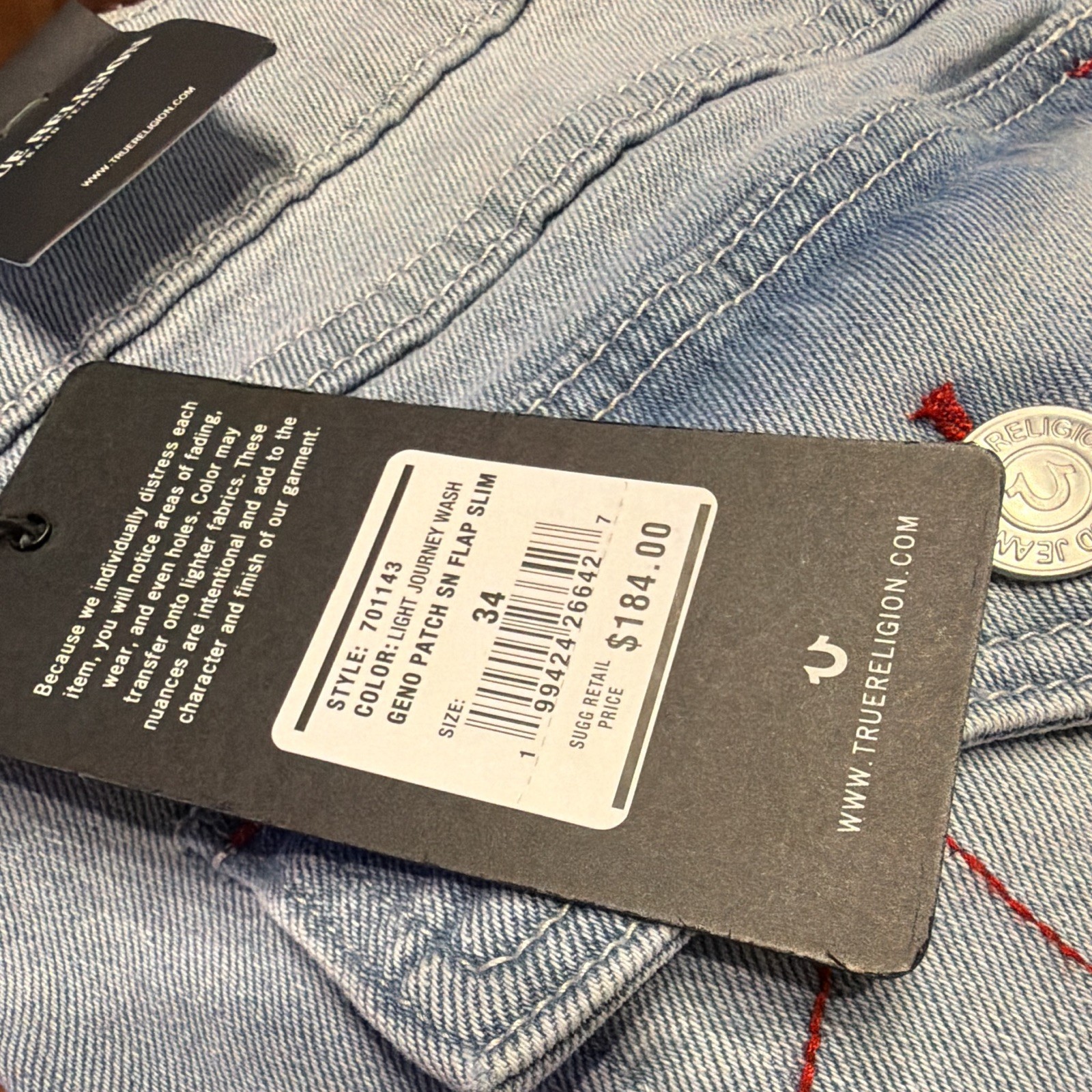 True Religion Men’s Relaxed Slim Blue Light Wash Denim Jeans, 5-Pocket