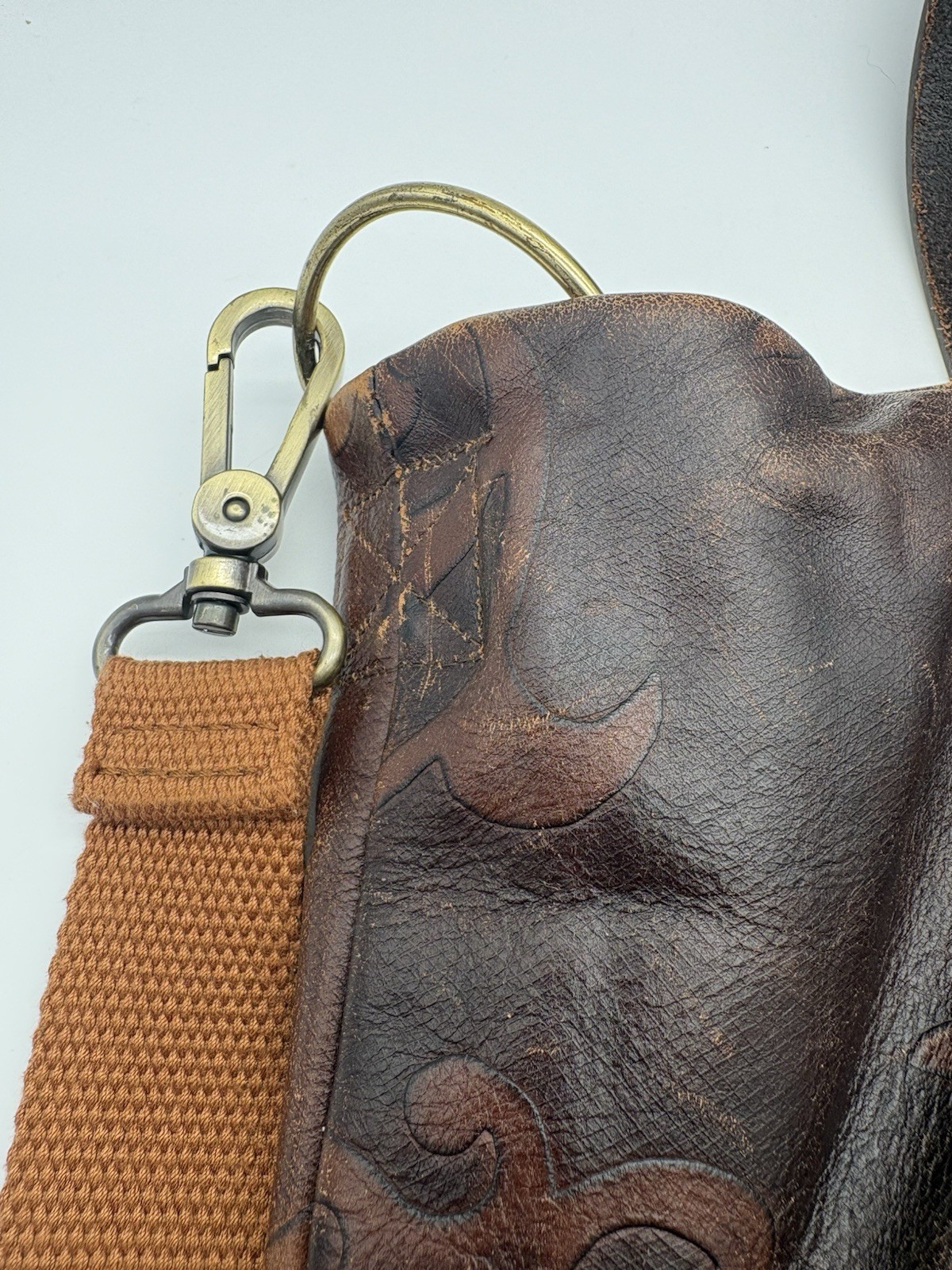 FALOR Italy Tote Bag, Tan Brown Leather Embossed Paisley Large Bag, 16″ x 16″