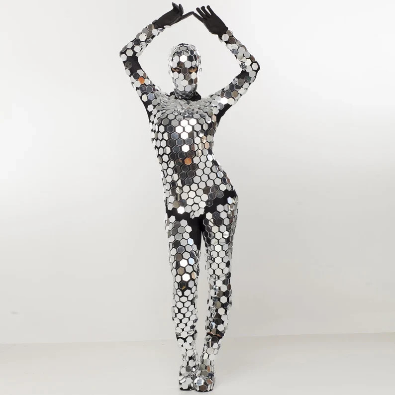 Silver rave sequin mirror bodysuit / disco ball leotard costume /circus aerial