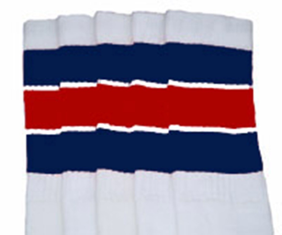 22” KNEE HIGH WHITE tube socks with NAVY BLUE/RED stripes style 5 (22-140)