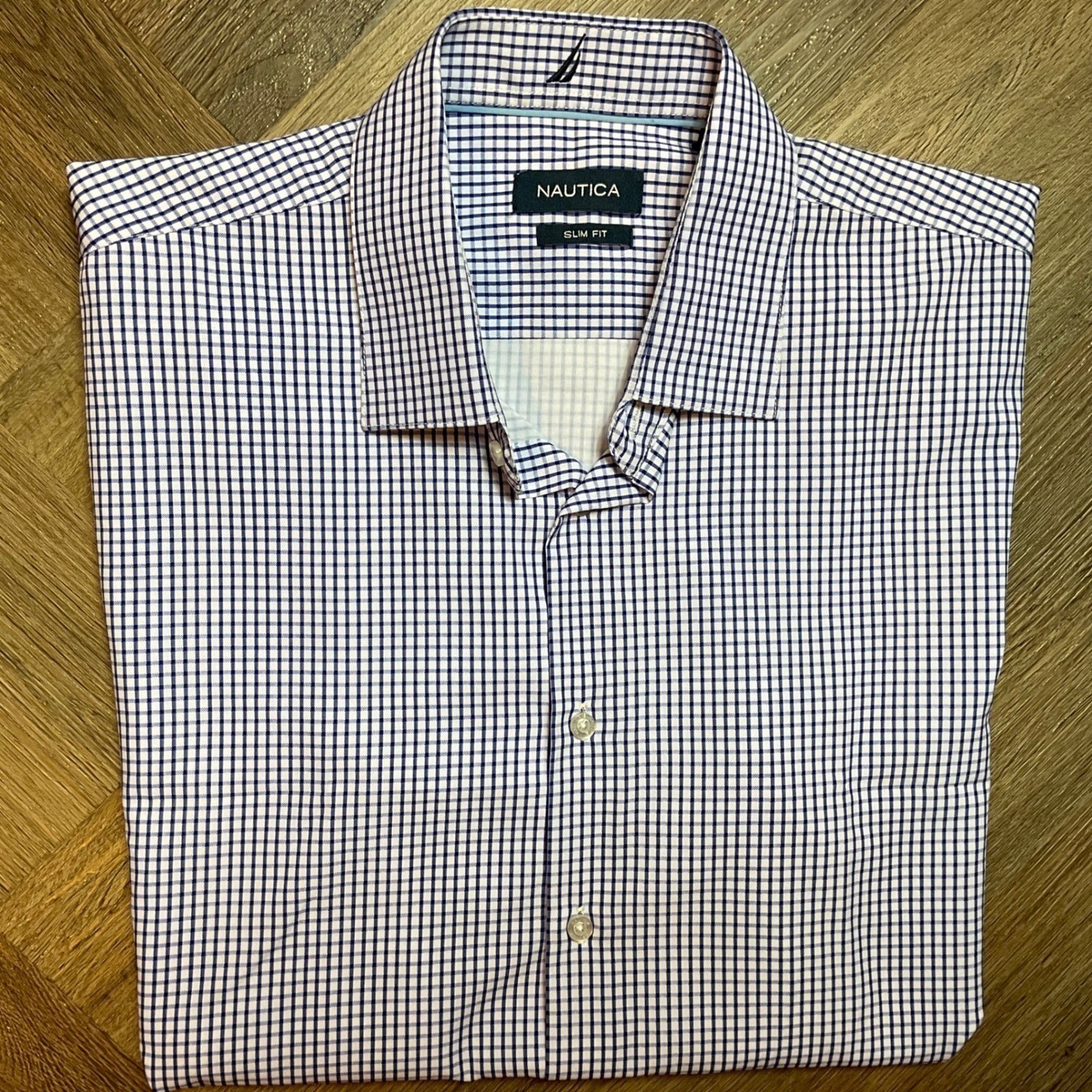 Nautica Slim Fit Navtech Gingham Short Sleeve Shirt Mens Large Blue White Preppy