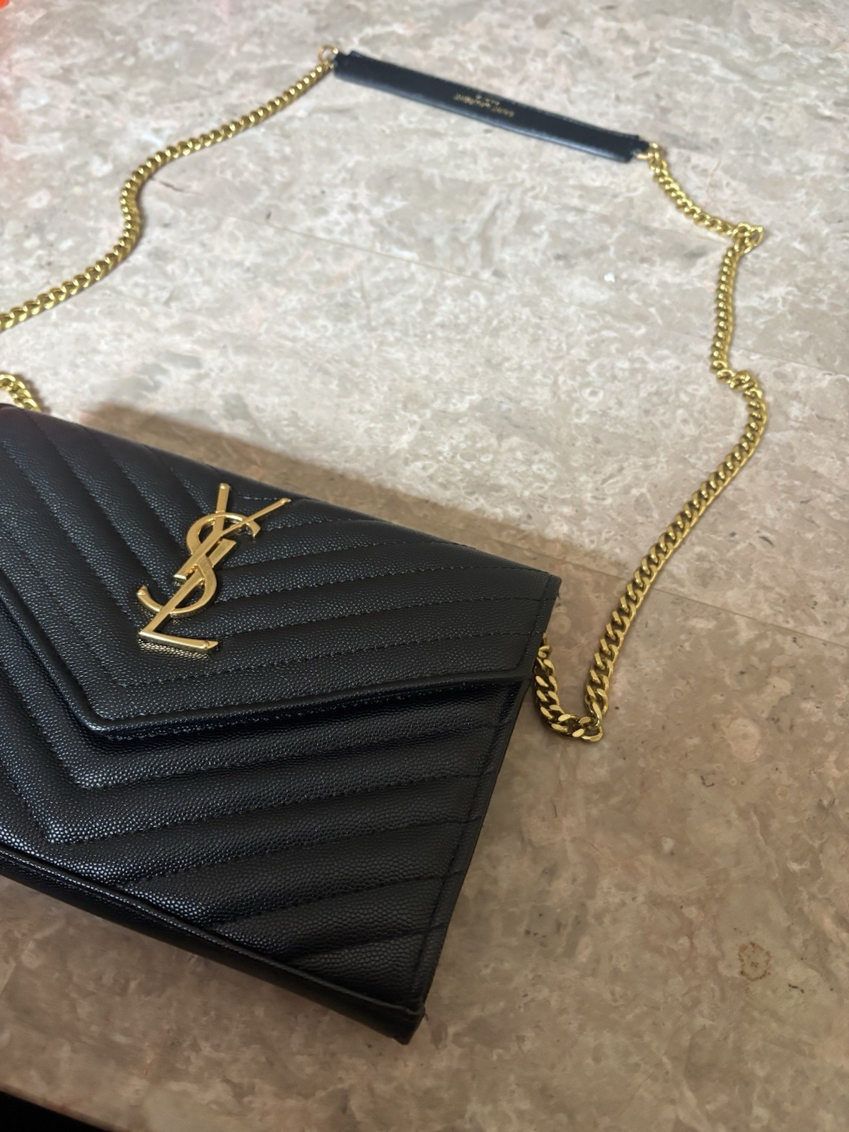 Cassandre Envelope Chain Wallet In Black and Grain de Poudre Leather Women’s