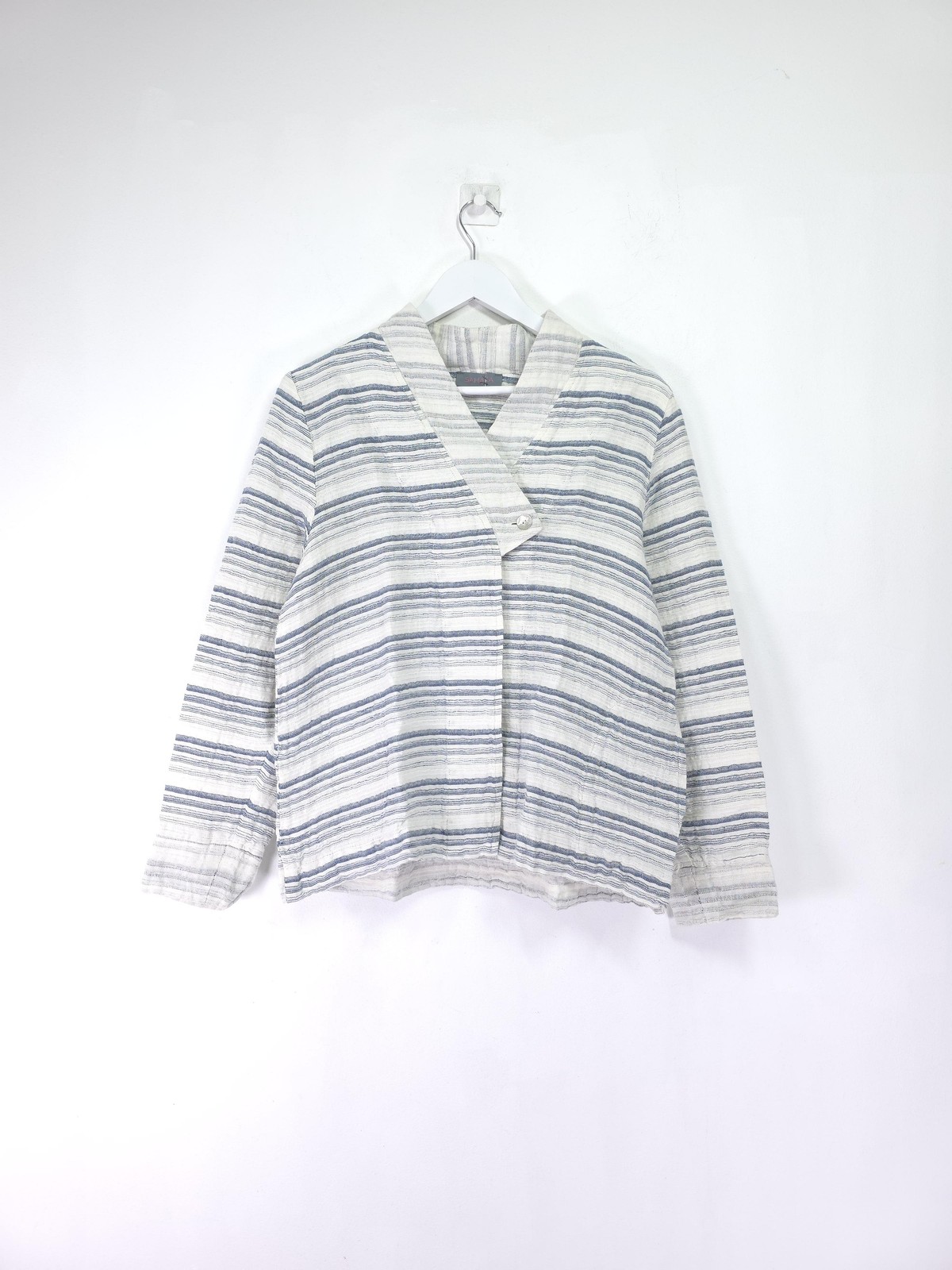 Sahara Jacket Large White Blue Stripe Linen Cotton Collared Lightweight Unlined