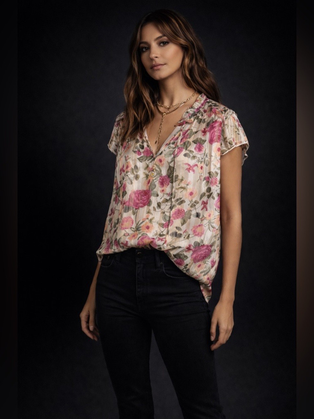 Romantic Floral Lurex Blouse Ruffle Sleeve Detail
