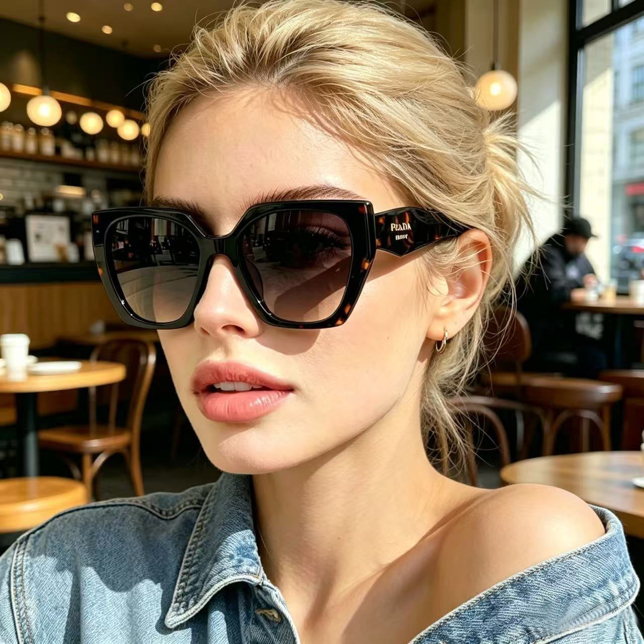 Prada PR 15WS Oversized Square Sunglasses Women Authentic Black Tortoiseshell