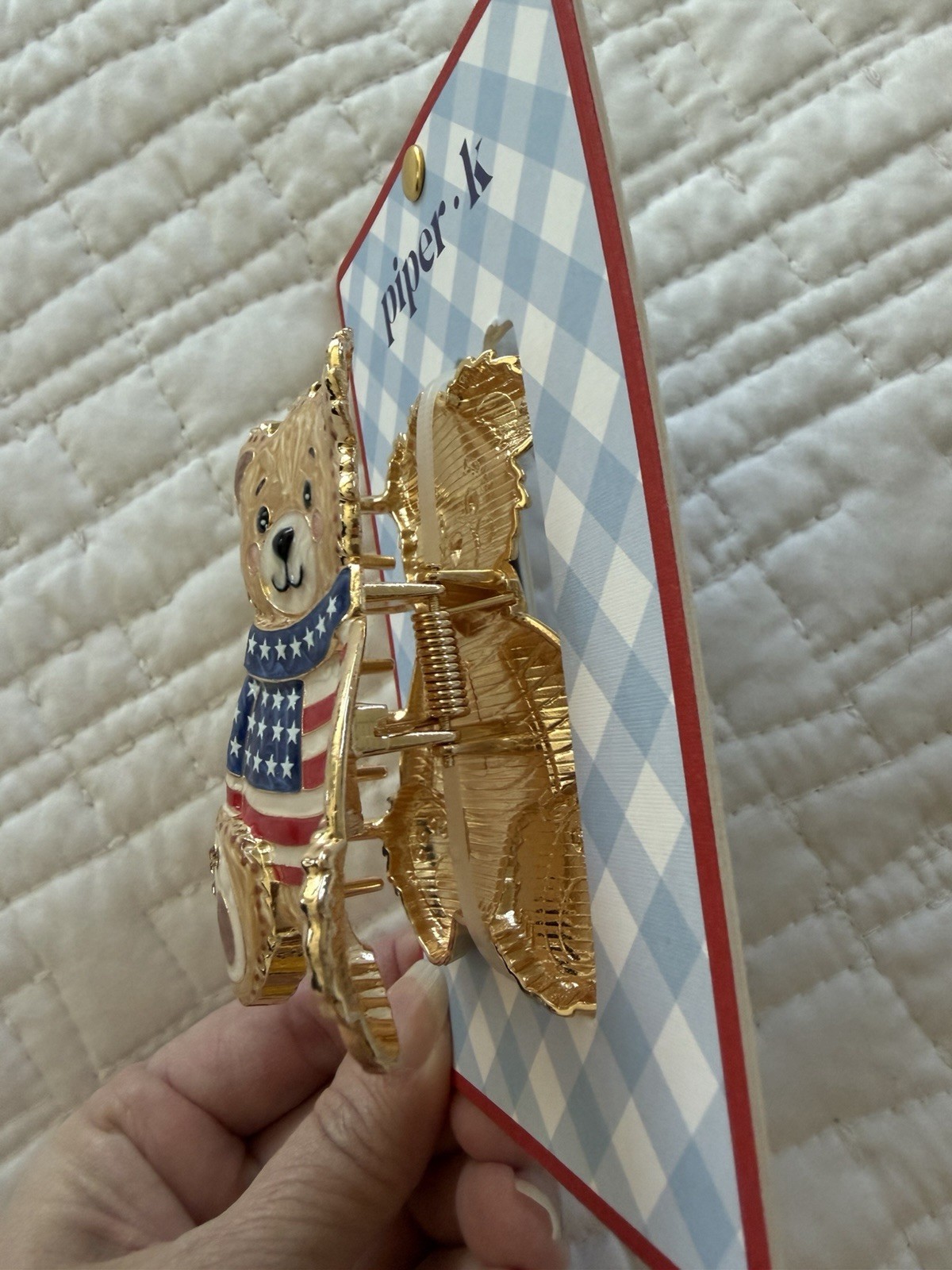 Piper•k Bear Hair Claw Clip Patriotic Flag Enamel Gold Tone Metal