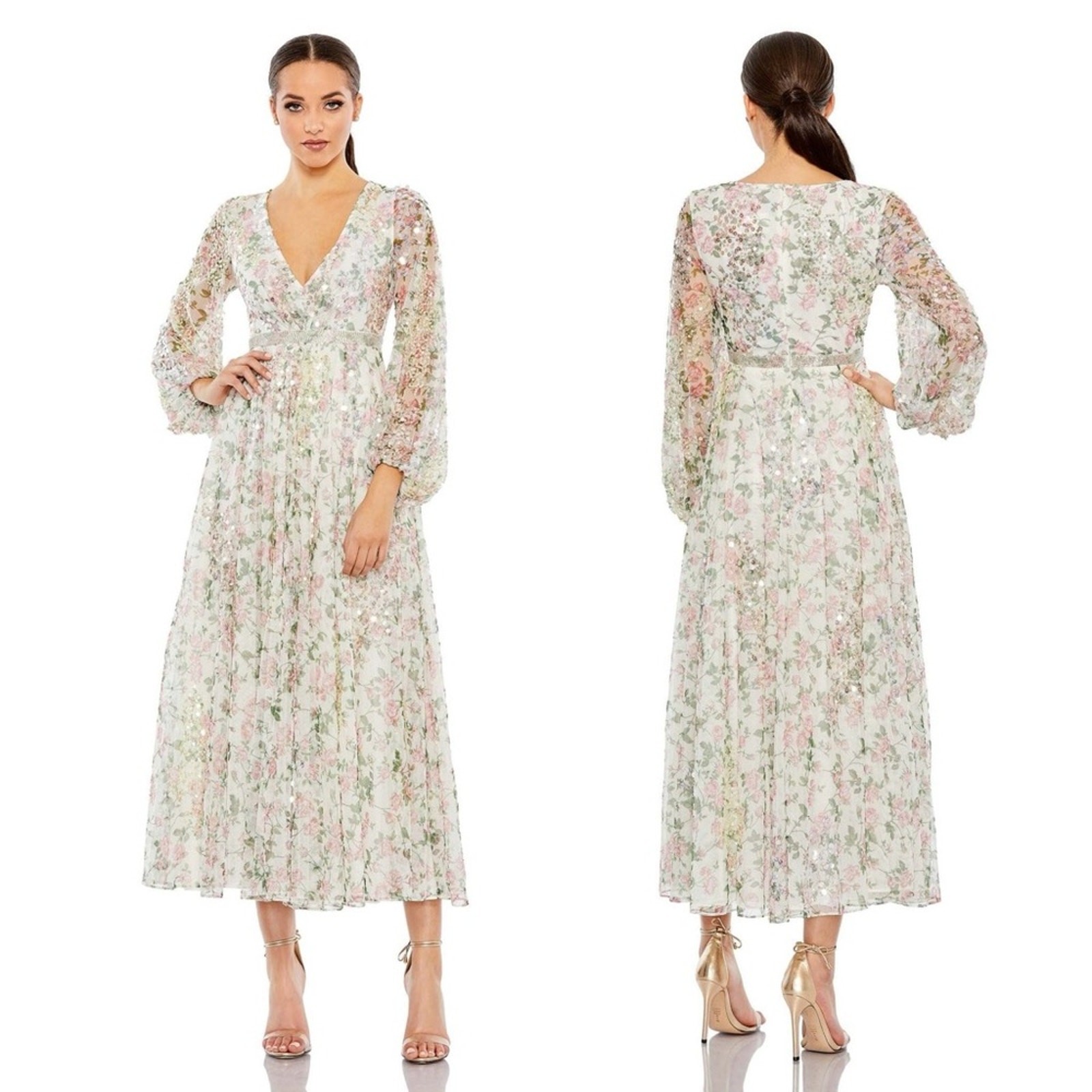 MAC DUGGAL Embellished Floral Print Faux Wrap A Line Dress size 8 93788