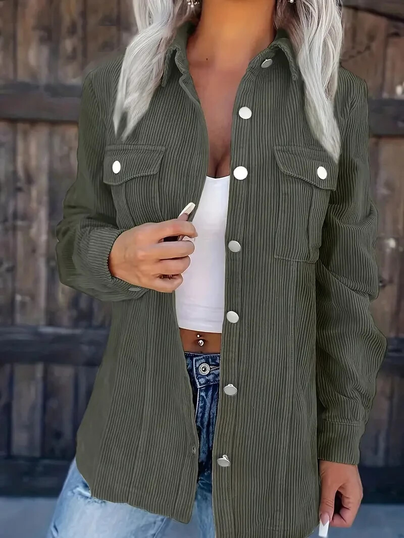 NEW Corduroy Shirt Women’s XL Army Green Button Down Casual Pockets Oversized