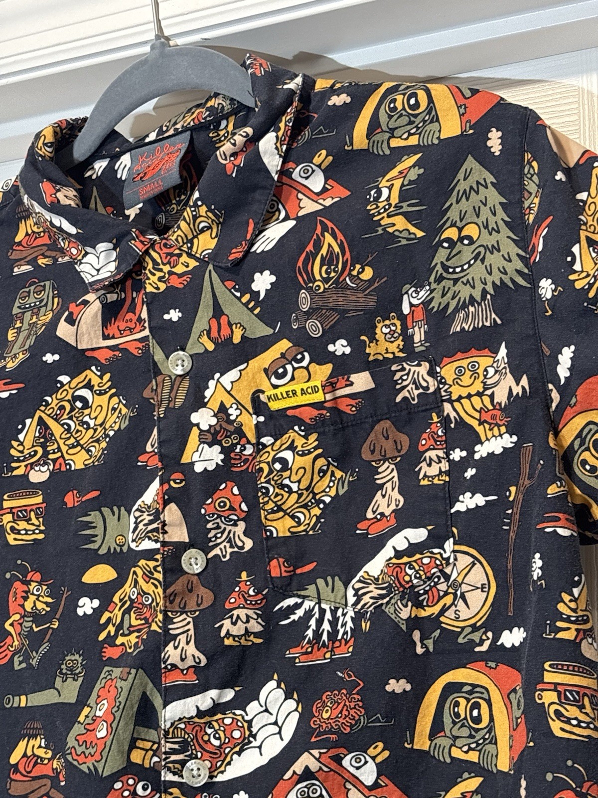 Killer Acid No Bad Trips Print Camp Shirt Button Up Mens Sz Small Mushrooms