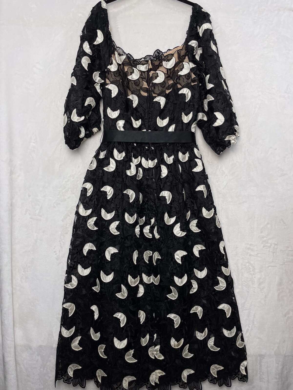 VTG Richilene New York Appliqué Dress Black White Floral Lace 14 L Union 80s USA