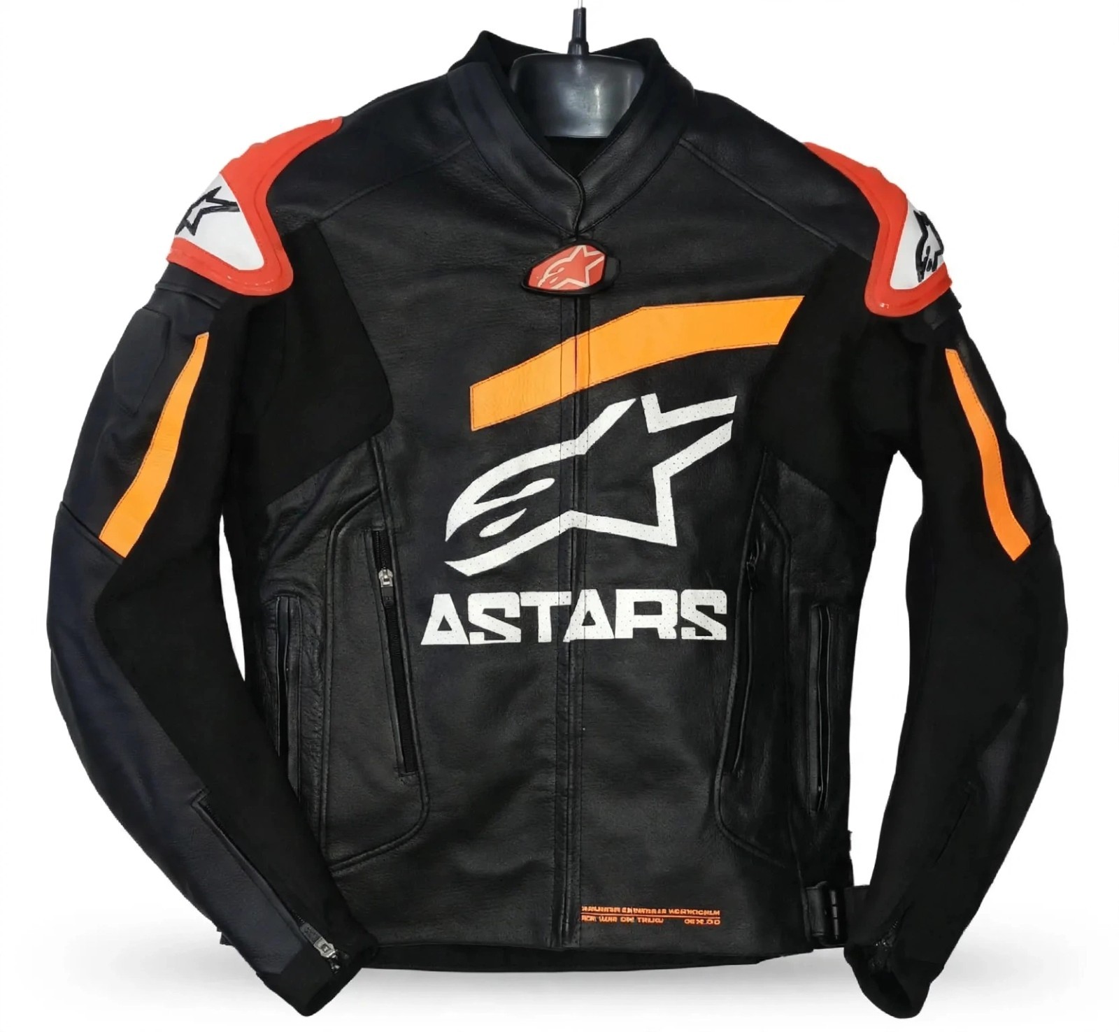 Alpinestars Black Orange Leather Motorcycle Racing Jacket CE Armor Biker
