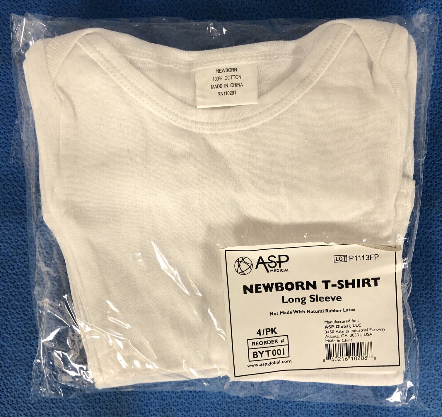 ASP Medical #BYT001, Newborn T-Shirt Long Sleeve, White, 4/pk