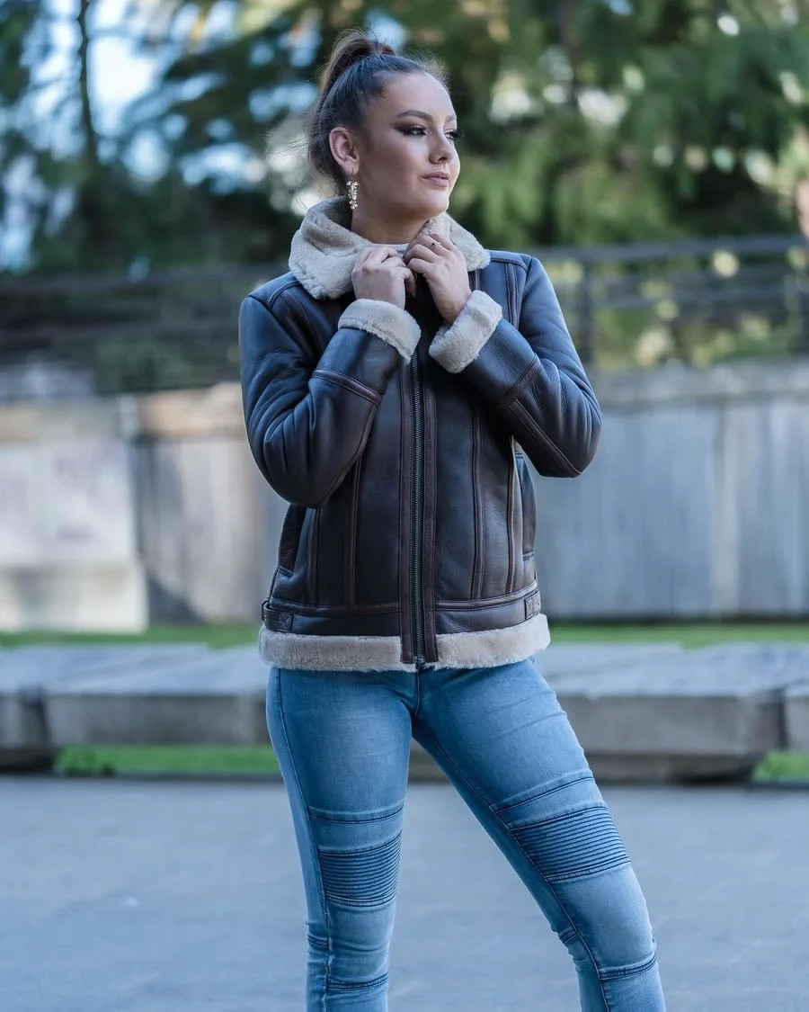 Premium Modern Brown Genuine Leather Jacket Women’s Chic Winter Outfit XS to 2XL