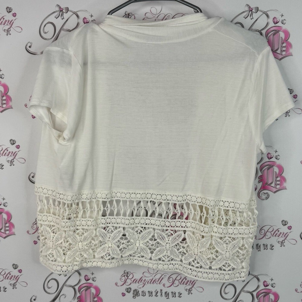 Suzy Shier cardigan shrug tshirt crochet hem bottom cream White Knit Cardigan