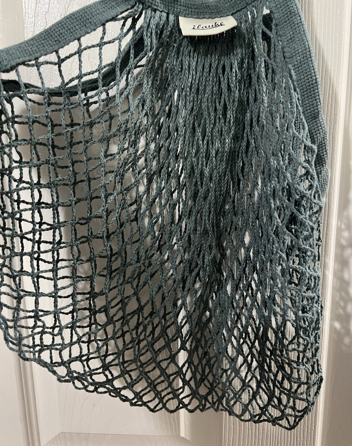 Ilauke Reusable Cotton Knit Mesh Net Tote Bag in Teal color, Lightweight beach.