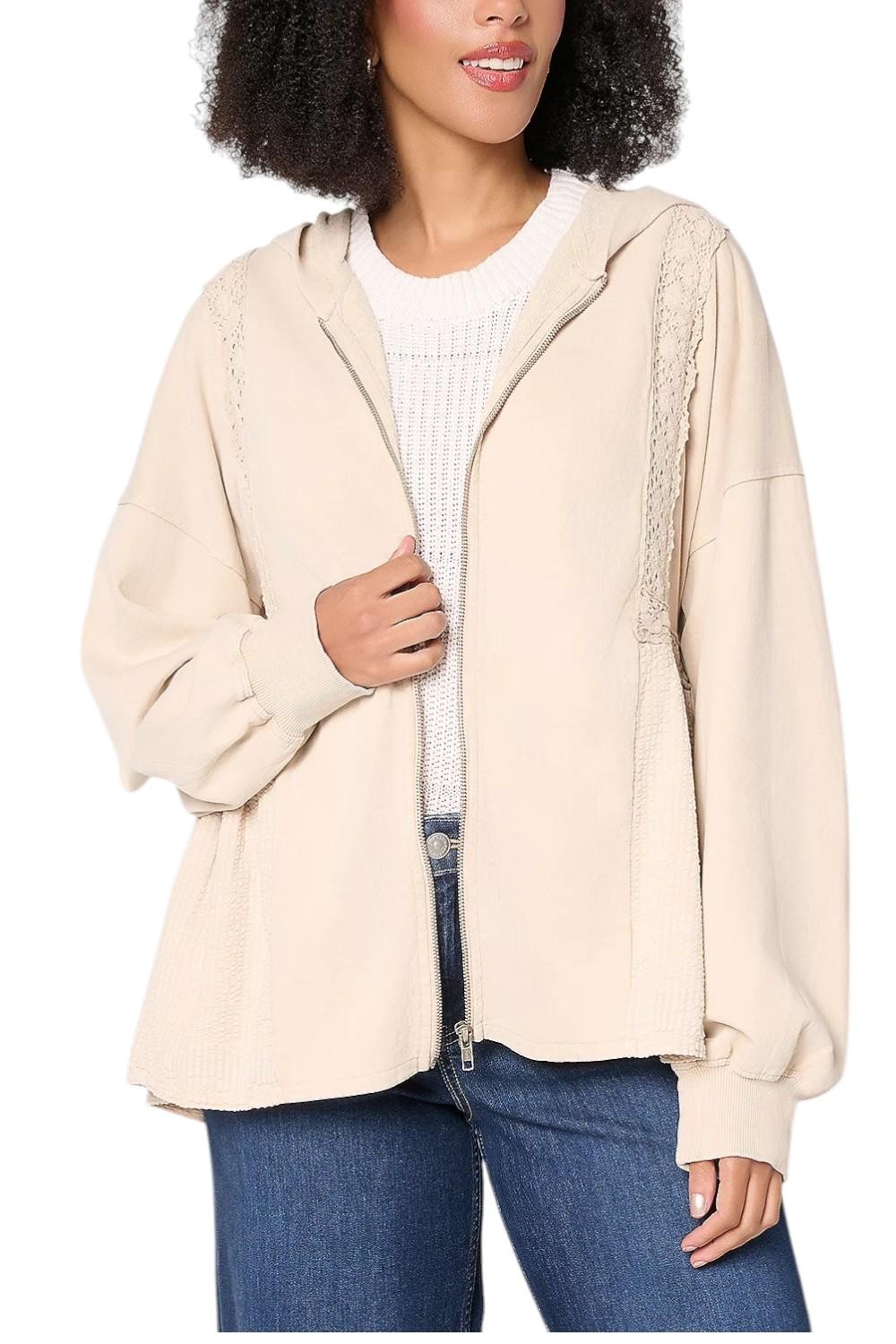 LOGO by Lori Goldstein Women’s Zip Front Lace Trim Jacket Shell