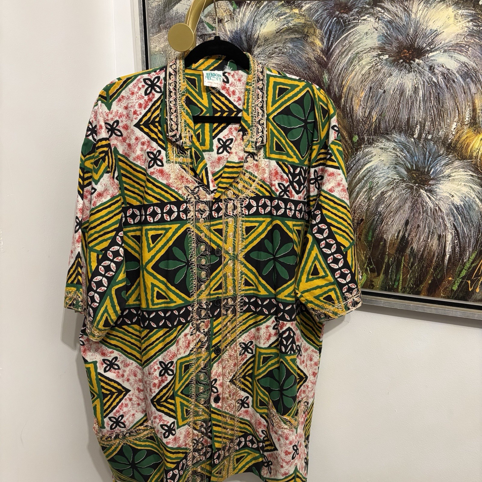Vtg 90s Charles Smith Kenya 100% Cotton Embroidered Tunic Shirt Pockets L