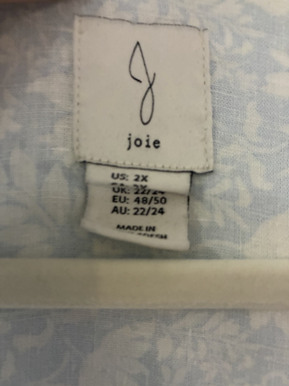 Joie Women’s Plus 2X Blue/White Floral V-Neck Button Front 3/4 Blouse