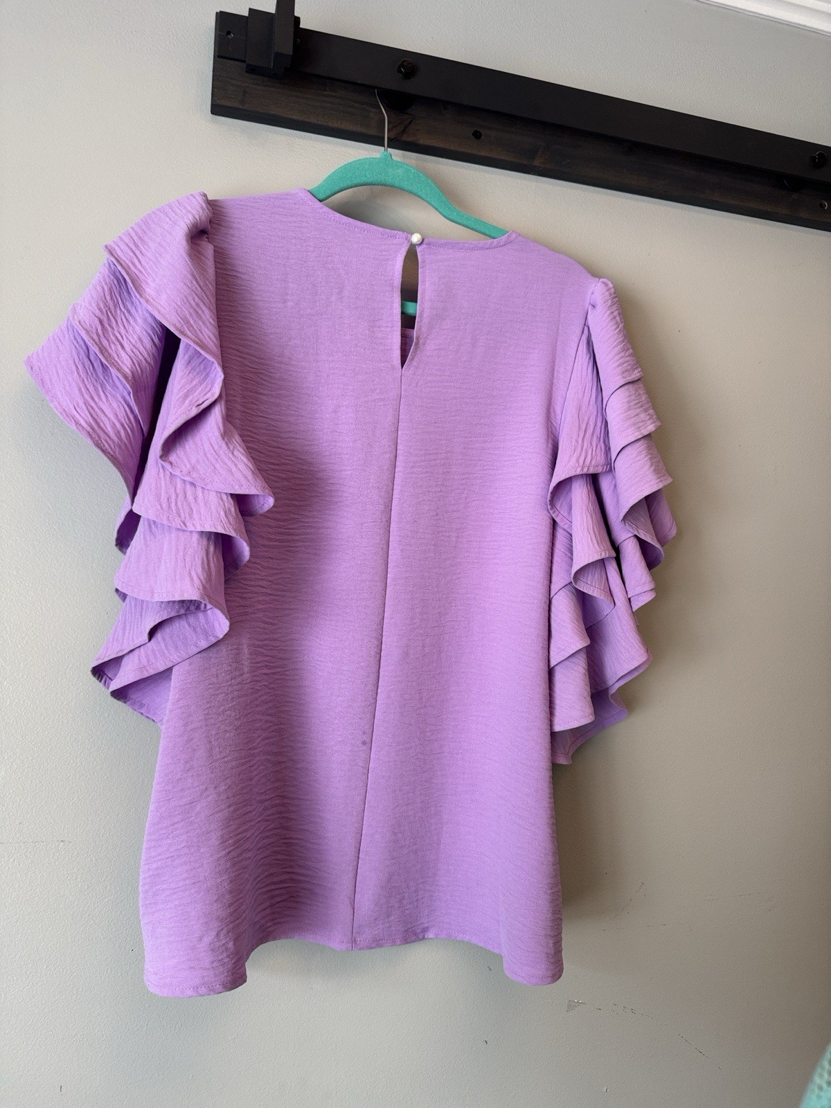 Zenana Purple Solid Round Neck Ruffle Short Sleeve Button Blouse L
