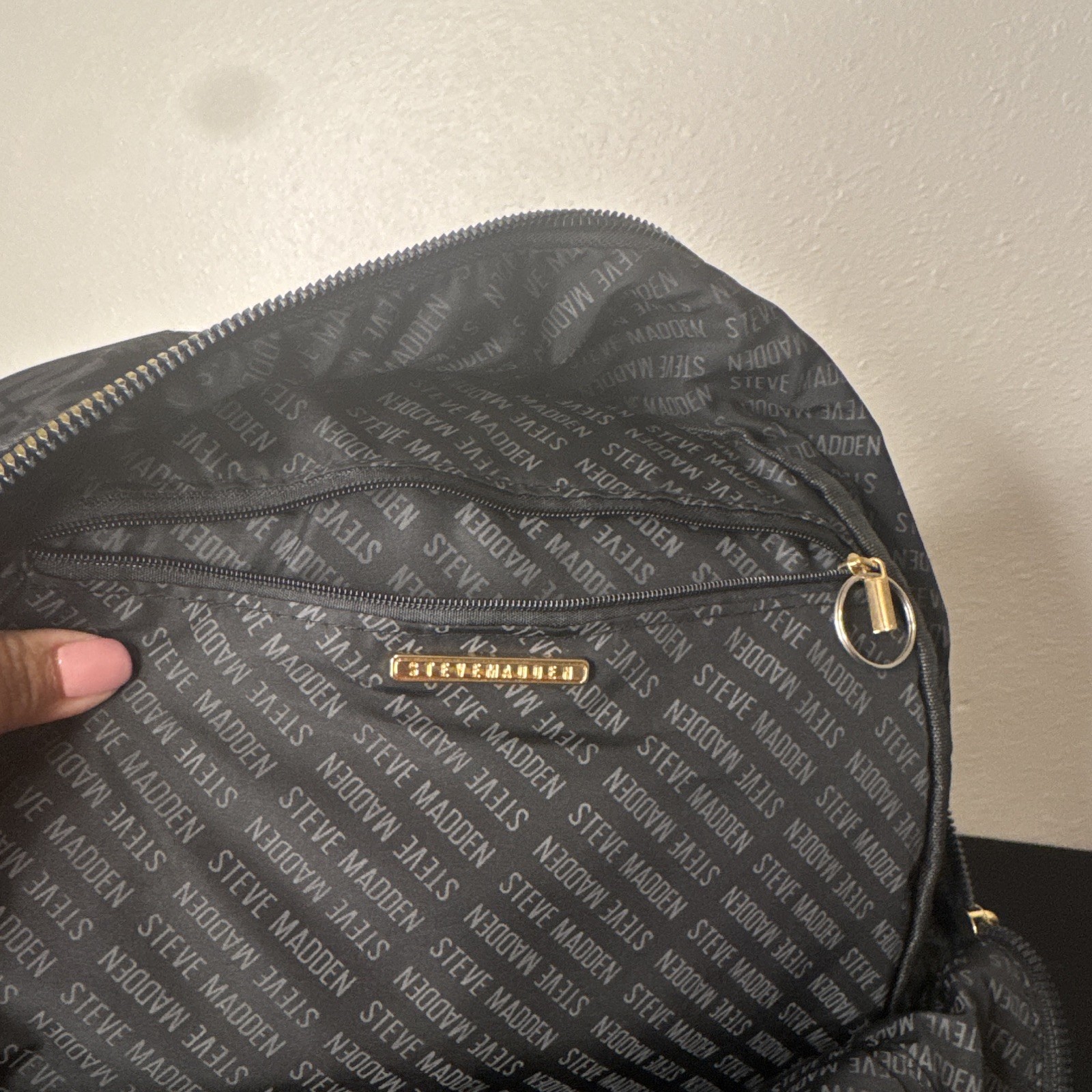 Steve Madden Black/Gray Logo Backpack Floral Pocket Gold Hardware Zip Pockets