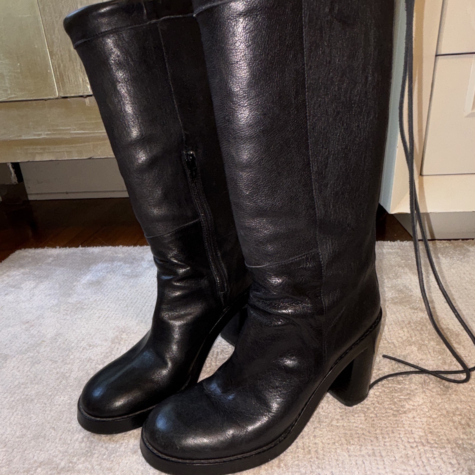 Ann Demeulemeester Women’s Black Leather Knee High Boots Lace-Up Zipper 9